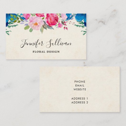 ピンクとブルーかわいらしの花縁どプロフェッショナル 名刺 (正面/裏面)