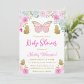 ピンクとブルーとゴールドの花と蝶のベビーシャワー 招待状 (スタンド正面)