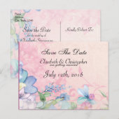 ピンクとブルーのお花の結婚式のSave The Date 案内ポストカード (正面/裏面)