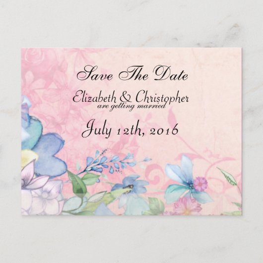ピンクとブルーのお花の結婚式のSave The Date 案内ポストカード (正面)
