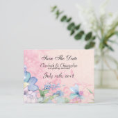 ピンクとブルーのお花の結婚式のSave The Date 案内ポストカード (スタンド正面)