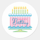 ピンクとブルーのお誕生日ケーキ ラウンドシール (正面)