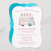 ピンクとブルーのアイスクリームトラックの女の子の誕生日パーティー 招待状 (正面/裏面)