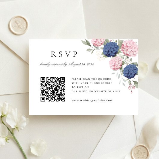 ピンクとブルーのアジサイの結婚式QRコードRSVPカード 招待状