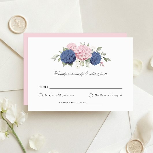 ピンクとブルーのアジサイの結婚式RSVPカード 招待状