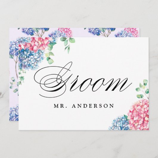 ピンクとブルーのアジサイの結婚新郎のサイン シーズンカード (正面/裏面)