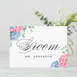 ピンクとブルーのアジサイの結婚新郎のサイン シーズンカード