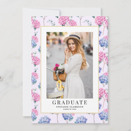 ピンクとブルーのアジサイフローラ卒業写真 招待状 (正面)