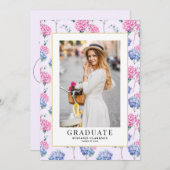 ピンクとブルーのアジサイフローラ卒業写真 招待状 (正面/裏面)