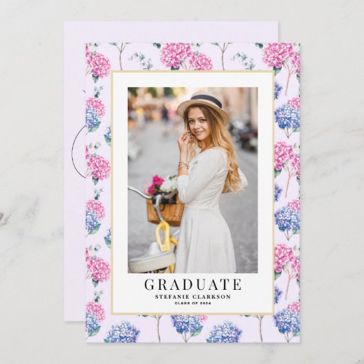 ピンクとブルーのアジサイフローラ卒業写真 招待状 (正面/裏面)