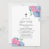 ピンクとブルーのアジサイ第一聖餐式 招待状 (正面)