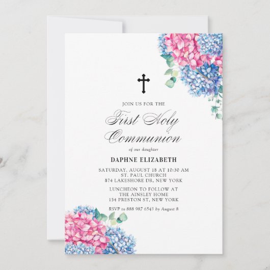 ピンクとブルーのアジサイ第一聖餐式 招待状 (正面)