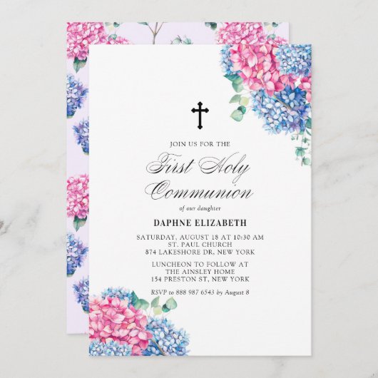 ピンクとブルーのアジサイ第一聖餐式 招待状 (正面/裏面)