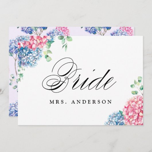ピンクとブルーのアジサイ花嫁結婚のサイン シーズンカード (正面/裏面)
