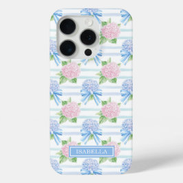 ピンクとブルーのアジサイ ストライプ iPhone 15 PROケース