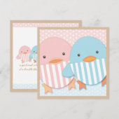 ピンクとブルーのアヒル双子ちゃん 男の子と女の子 ベビーシャワー 招待状 (正面/裏面)