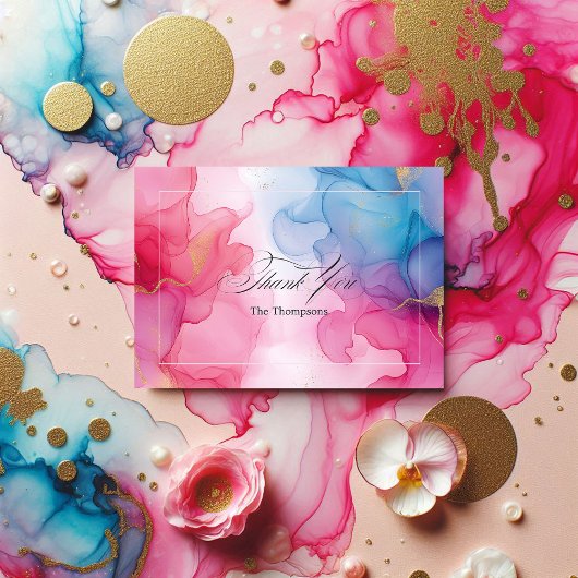 ピンクとブルーのアルコールインク(金ゴールドアクセント付) サンキューカード