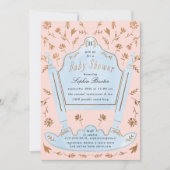 ピンクとブルーのアンティーククレードル赤ちゃんシャワー 招待状 (正面)