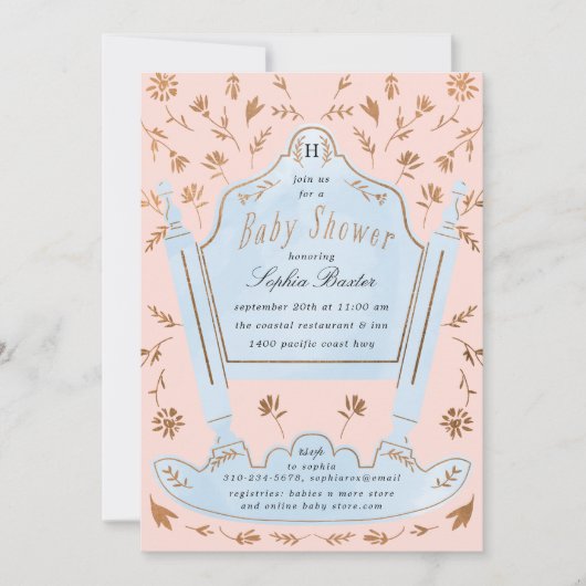 ピンクとブルーのアンティーククレードル赤ちゃんシャワー 招待状 (正面)