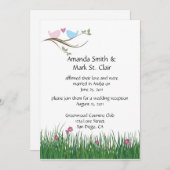 ピンクとブルーのインコの結婚式の披露宴のみ 招待状 (正面/裏面)