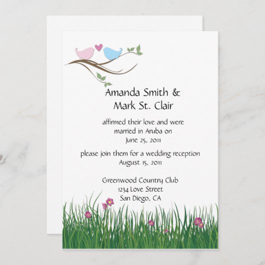 ピンクとブルーのインコの結婚披露宴のみ 招待状 (正面/裏面)