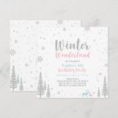 ピンクとブルーのウィンターワンダーランドの女の子の誕生日 招待状 (正面/裏面)