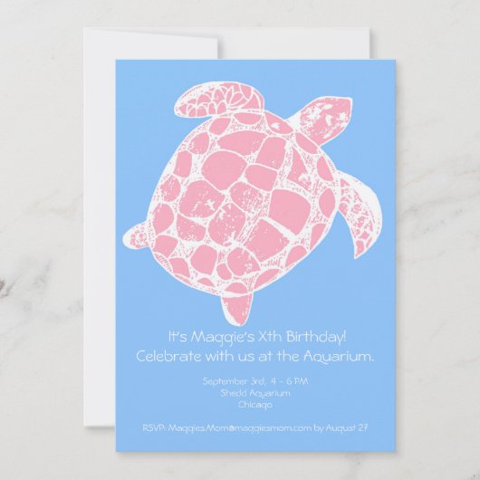 ピンクとブルーのウミガメの誕生日パーティーの招待状 招待状 (正面)
