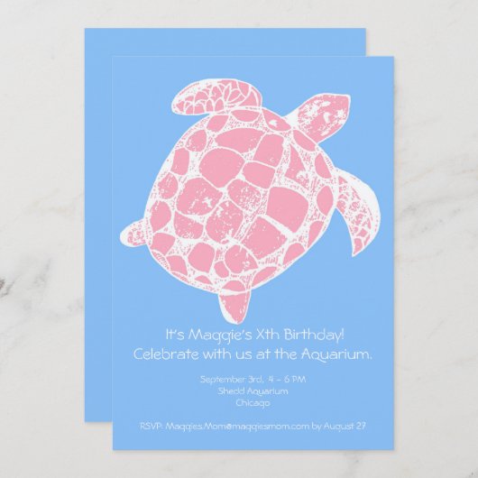 ピンクとブルーのウミガメの誕生日パーティーの招待状 招待状 (正面/裏面)
