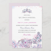 ピンクとブルーのエレガントなクリスタル キンセアニエラ 招待状 (正面/裏面)
