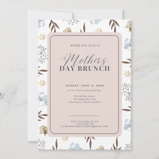 ピンクとブルーのエレガントフローラマザーズデイブランチ 招待状 (正面)