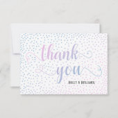 ピンクとブルーのオムブレー紙吹雪とスクリプトベビーシャワー サンキューカード (正面)