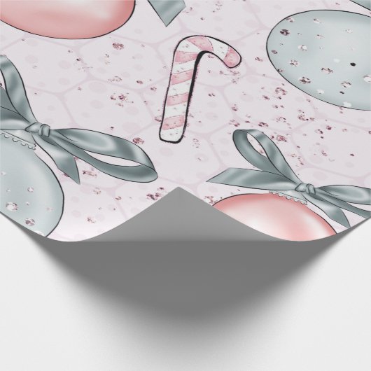 ピンクとブルーのオーナメントキャンディーキャンズクリスマス ラッピングペーパー (角)