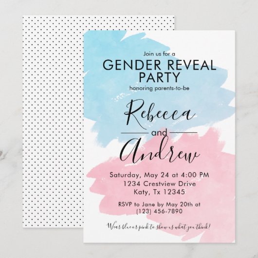 ピンクとブルーのカラースプラッシュ　性別発表ベイビーシャワー 招待状 (正面/裏面)