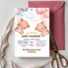 ピンクとブルーのキュートな水彩ベビーシャワー招待状