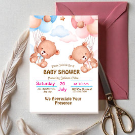 ピンクとブルーのキュートな水彩ベビーシャワー招待状 招待状