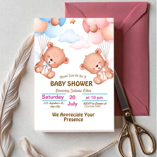 ピンクとブルーのキュートな水彩ベビーシャワー招待状 招待状