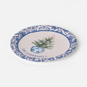 ピンクとブルーのクリスマスツリーとダマスク付縁どき ペーパープレート (アングル)