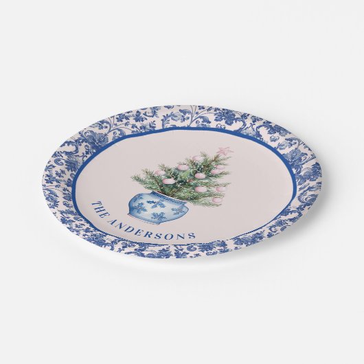 ピンクとブルーのクリスマスツリーとダマスク付縁どき ペーパープレート (アングル)