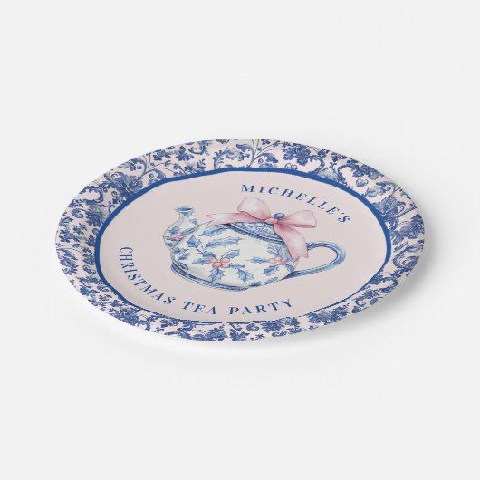 ピンクとブルーのクリスマスティーダマスク付縁どき ペーパープレート (アングル)