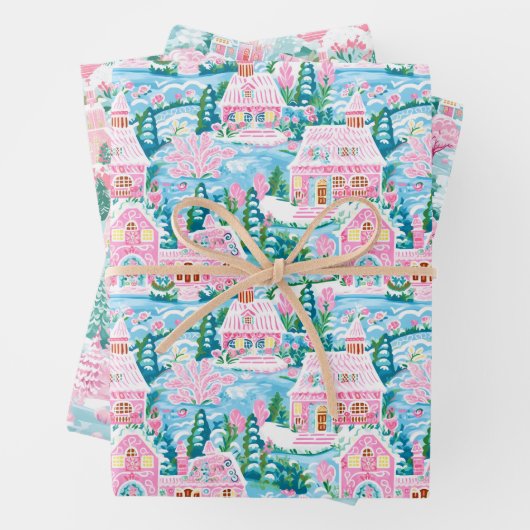 ピンクとブルーのクリスマスビレッジ ラッピングペーパーシート (インサイチュ)