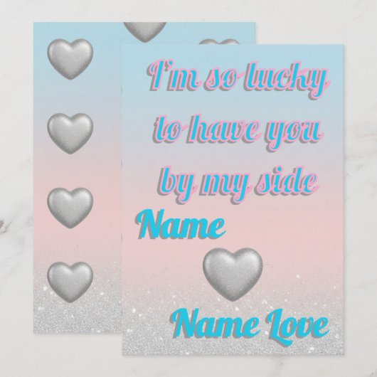 ピンクとブルーのグラデーション 3D シルバーハート バレンタイン カード (正面/裏面)