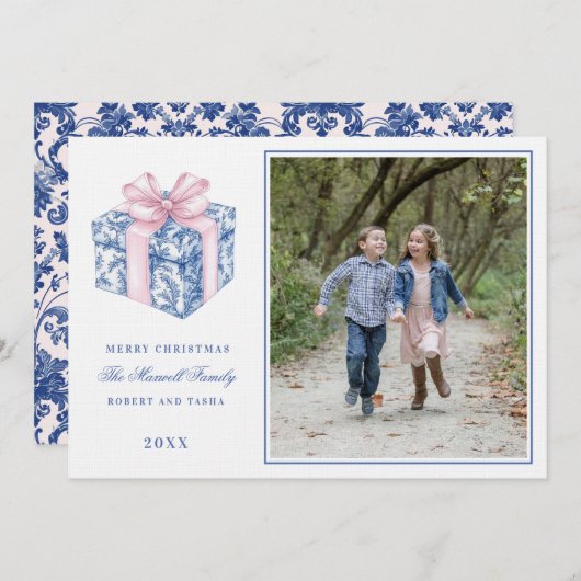 ピンクとブルーのグランドミレニアルのクリスマスギフト写真 招待状 (正面/裏面)
