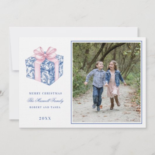ピンクとブルーのグランドミレニアルのクリスマスギフト写真 招待状 (正面)