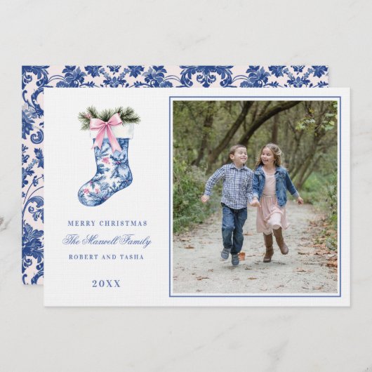 ピンクとブルーのグランドミレニアル世代のダマスクのストックイン写真 招待状 (正面/裏面)