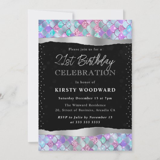 ピンクとブルーのグリッターマーメイドはかりで測21歳の誕生日 招待状 (正面)