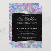 ピンクとブルーのグリッターマーメイドはかりで測21歳の誕生日 招待状 (正面/裏面)