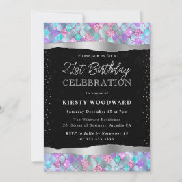 ピンクとブルーのグリッターマーメイドはかりで測21歳の誕生日 招待状