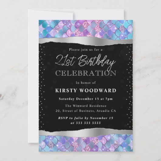 ピンクとブルーのグリッターマーメイドはかりで測21歳の誕生日 招待状 (正面)