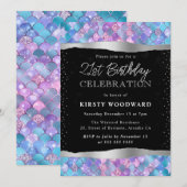 ピンクとブルーのグリッターマーメイドはかりで測21歳の誕生日 招待状 (正面/裏面)