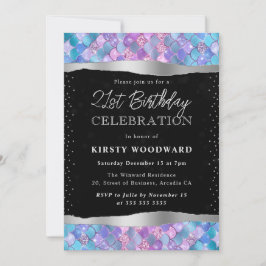 ピンクとブルーのグリッターマーメイドはかりで測21歳の誕生日 招待状